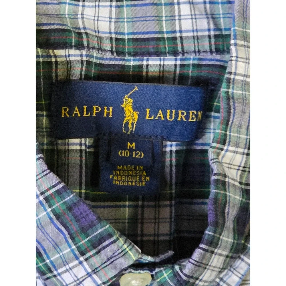 Ralph Lauren Kids Boys Plaid Button Down Shirt Navy Green White Size M 10-12
